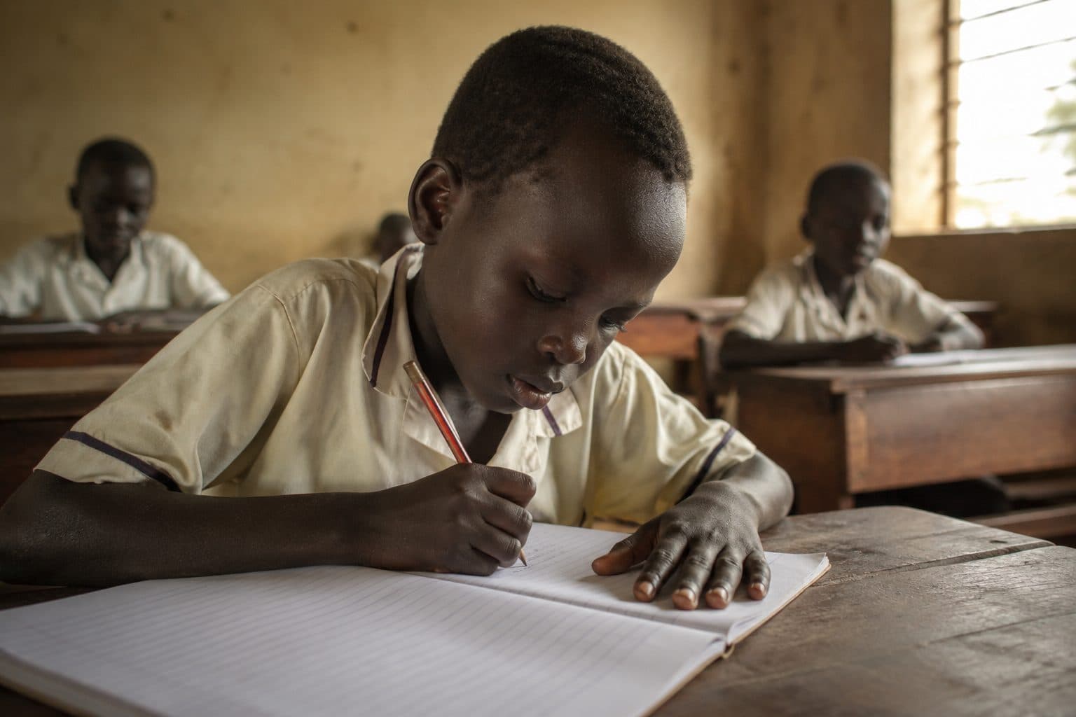 A primary school student writing in a notebook at their desk