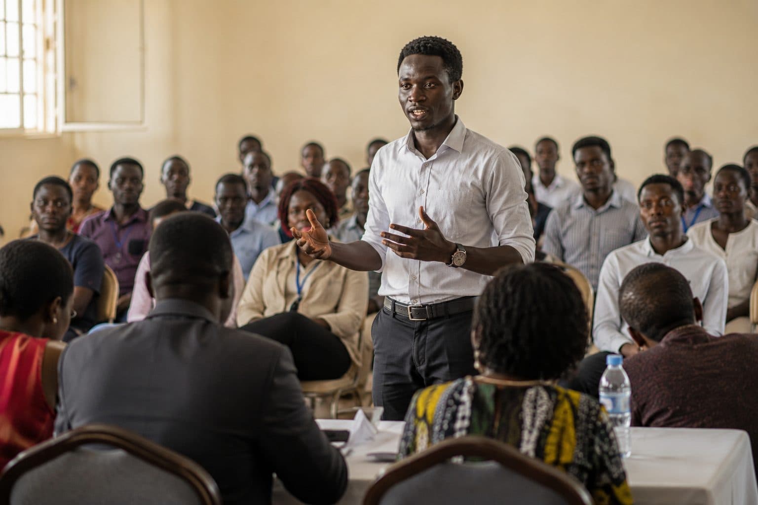 A student presenting to a room of seated peers at the Innovation Summit
